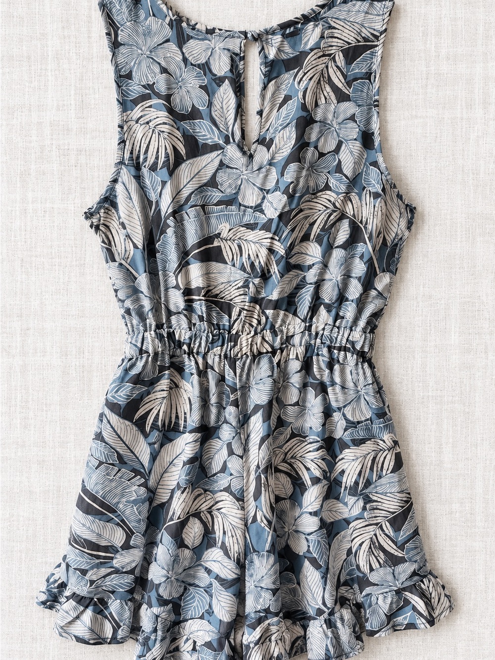O'Neill Blue and White Tropical Print Twist-Back Romper